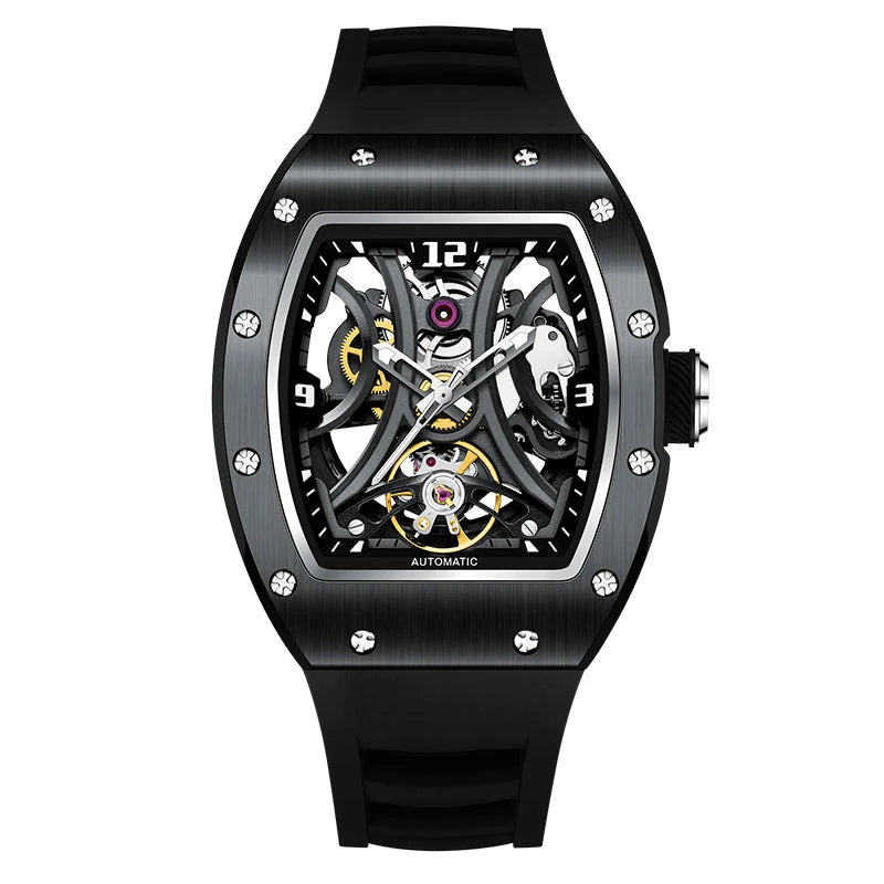 Luxury Automatic Watch Men Sports Barrel Skeleton Design Mechanical Movement Silicone Strap 5 ATM Waterproof Watches