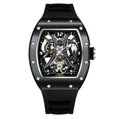 Luxury Automatic Watch Men Sports Barrel Skeleton Design Mechanical Movement Silicone Strap 5 ATM Waterproof Watches