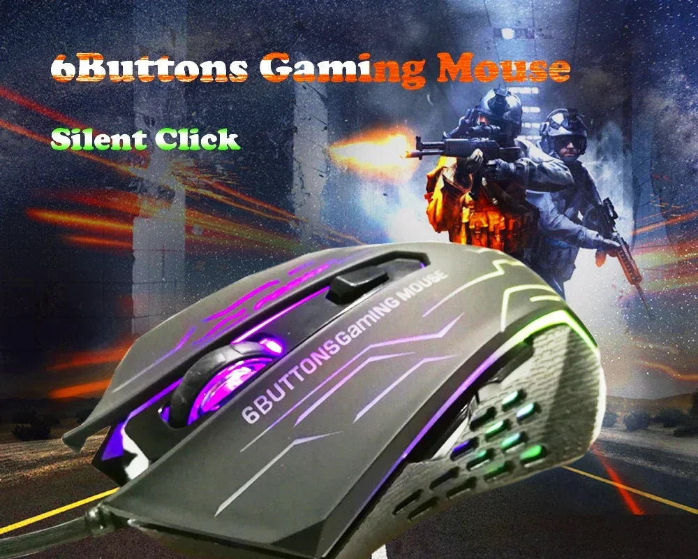 Silent Click USB Wired Gaming Mouse RGB, 6-Button Optical Gaming Mouse with Adjustable 3200 DPI, Ergonomic USB Gaming Mouse for PC, Laptop & Notebook