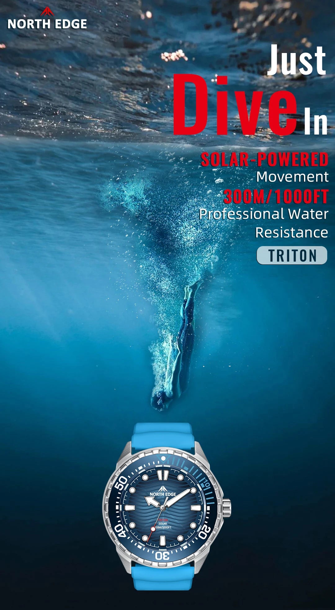NORTH EDGE New TRITON Solar Powered Dive Watch Men Luxury Quartz Watches For Men 316L Stainless Steel Case Waterproof 300M