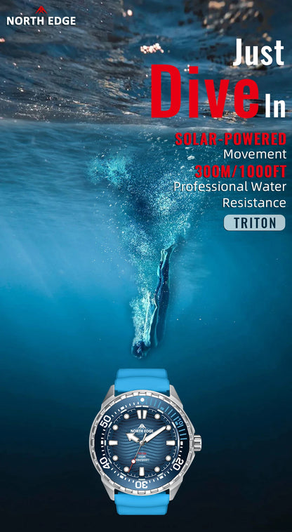 NORTH EDGE New TRITON Solar Powered Dive Watch Men Luxury Quartz Watches For Men 316L Stainless Steel Case Waterproof 300M