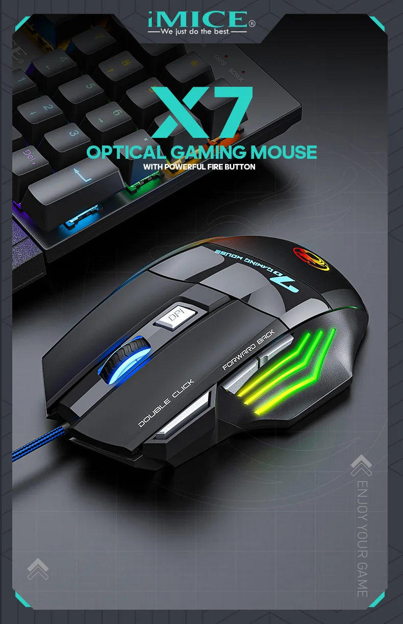 IMICE X7 Optical Gaming Mouse, Wired RGB Gaming Mouse with Adjustable DPI, Ergonomic Anti-Slip USB Gaming Mouse for PC, Laptop & Desktop