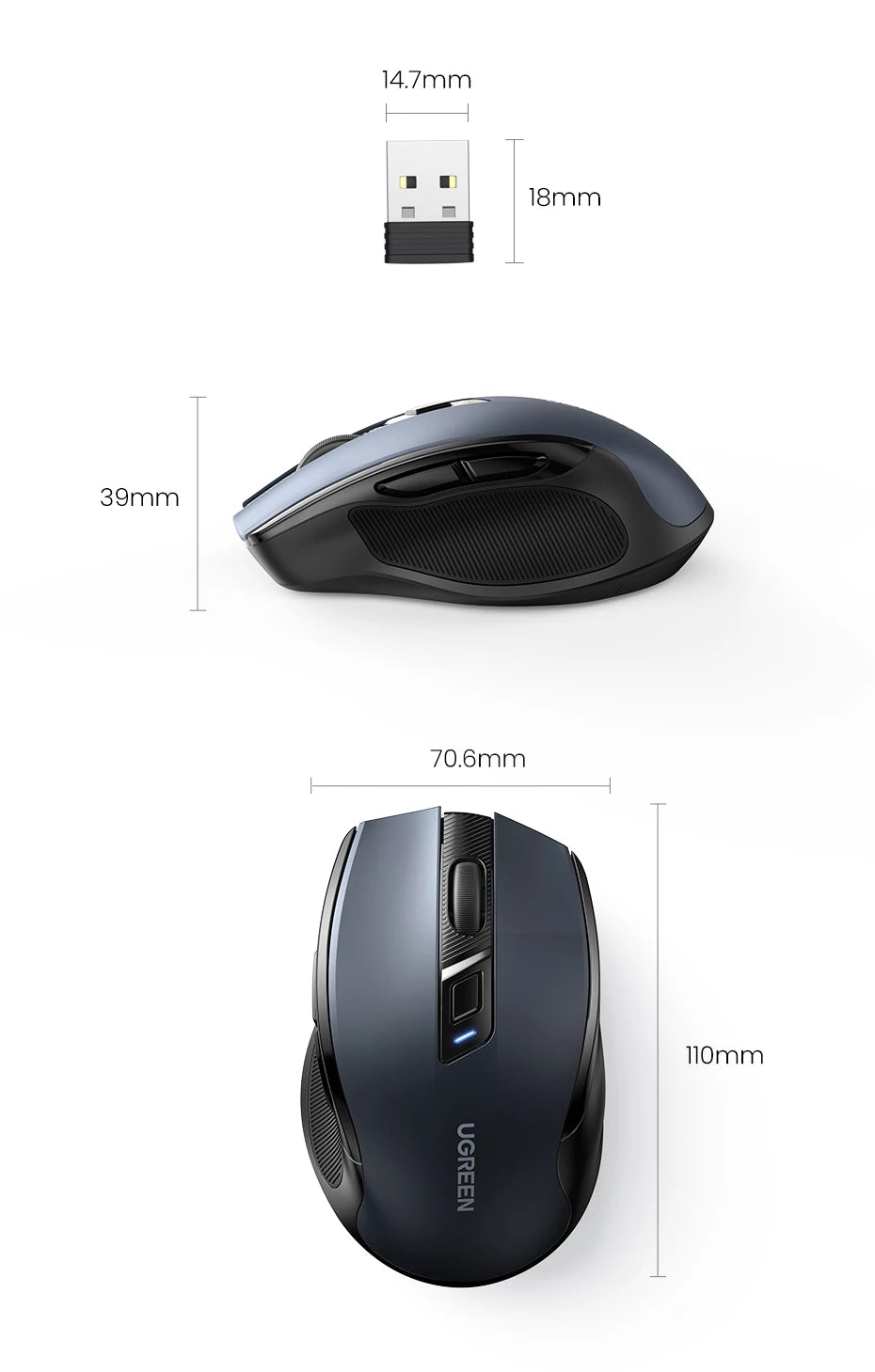 UGREEN Wireless Mouse Bluetooth 5.0 & 2.4G Ergonomic Mouse, 4000 DPI Silent Wireless Mouse with 6 Buttons for Laptop, MacBook, PC & Tablet