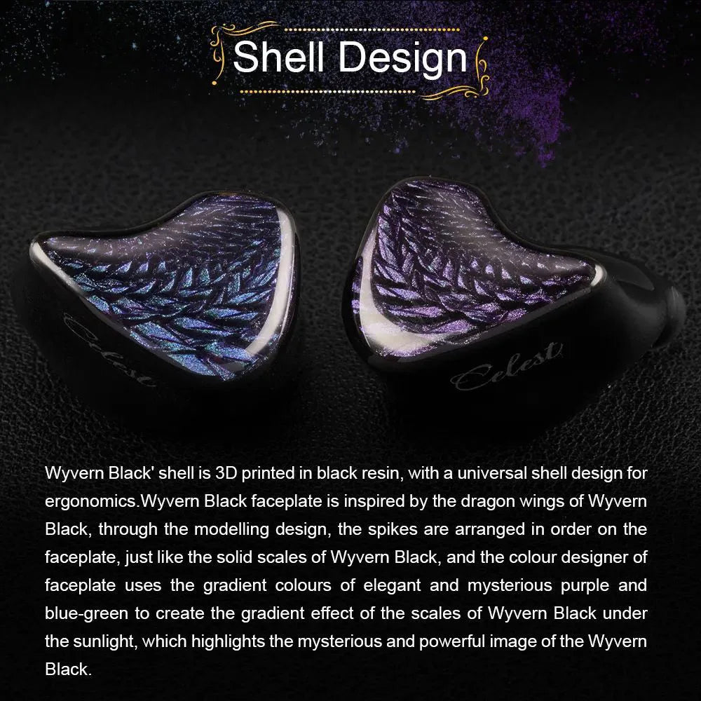 Kinera Celest Wyvern Black Dragon In-Ear HiFi Earphones 10mm LCP Dynamic Drive Music Gaming Earphones 3.5mm Type-C Lightning MIC