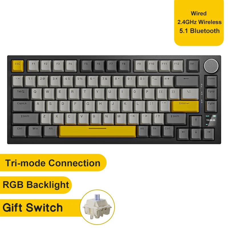 AJAZZ AK820 Pro Gaming Mechanical Keyboard Bluetooth 5.1 Wireless RGB Hot Swappable Gasket Keyboard with TFT Screen & Knob
