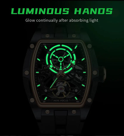 MINI FOCUS Men's Wristwatch Fashion Black Waterproof Automatic Mechanical Watch with Luminous Hands Silicone Strap Tonneau Dial