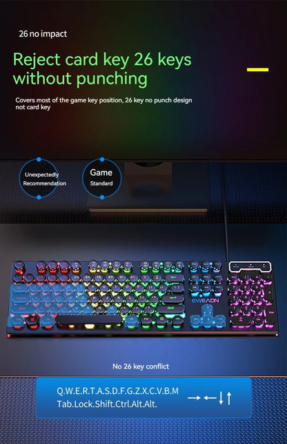 EWEADN GX330 Typewriter Gaming Keyboard 104 Keys Wired Retro Keyboard with RGB Backlit, Round Keycaps, USB Mechanical Style Keyboard for PC & Laptop