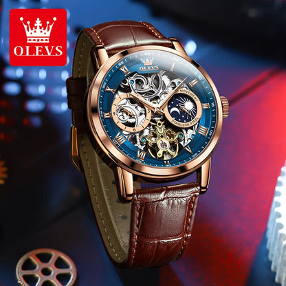 OLEVS Top Brand Men's Skeleton Mechanical Watch Waterproof Leather Strap Men Moon Phase Automatic Tourbillon Wristwatch for Men