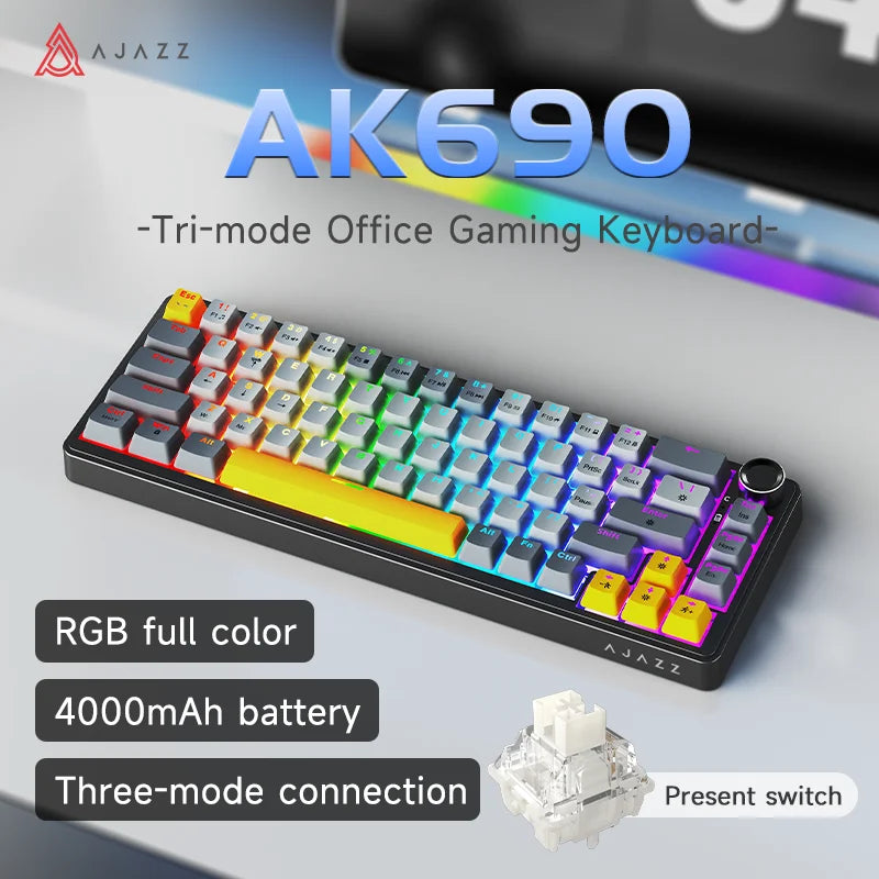 AJAZZ AK690 Clavier mécanique à 65 %, toutes les touches remplaçables à chaud, filaire USB Plug-and-Play, rétroéclairage mixte, 68 touches, clavier gaming pour ordinateur portable et PC