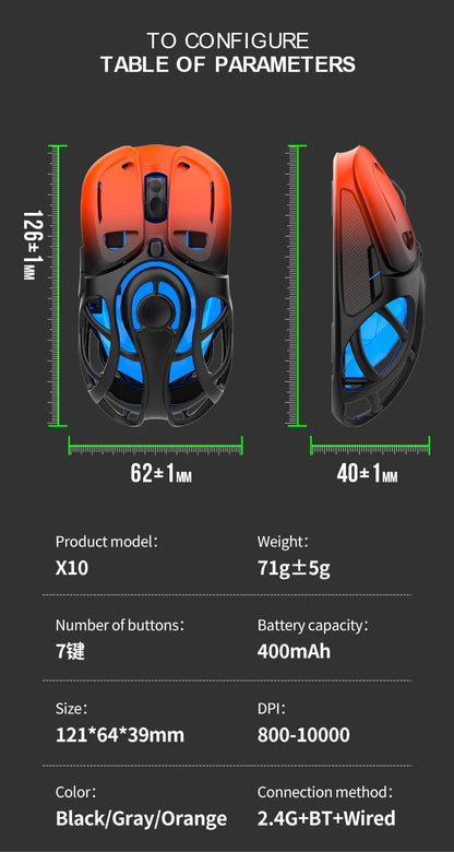 X10 Tri-Mode Gaming Mouse Wireless Bluetooth Gaming Mouse, 10000 DPI RGB Rechargeable Gaming Mouse, BT/2.4G/Wired Gaming Mouse for PC, Mac & Laptop