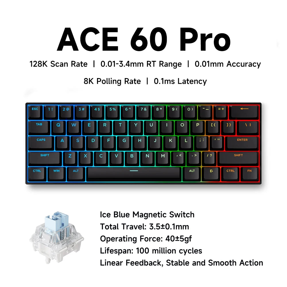 Teclado gaming MCHOSE ACE 68 con switches magnéticos Hall Effect, Rapid Trigger, RGB programable, 8K Hz y funciones DKS/MT/TGL/RS/SOCD