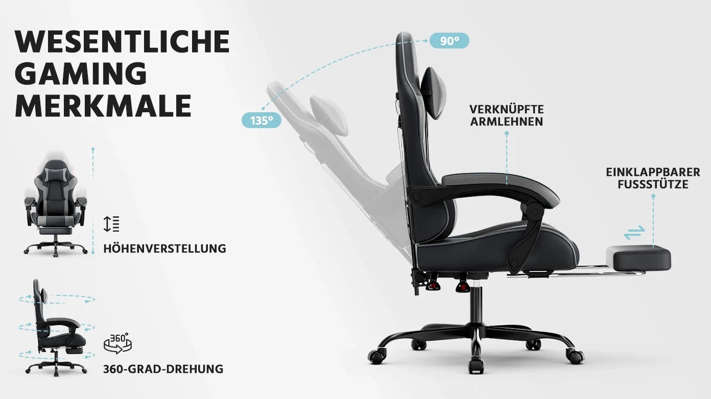 Comanlai Gaming Chair with Footrest Ergonomic High Back Gaming Chair, Adjustable Headrest & Lumbar Support, PU Leather Swivel Computer Gaming Chair for Office & Home