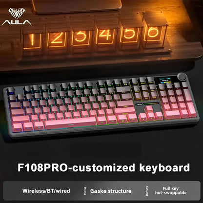 AULA F108 PRO Wireless Mechanical Keyboard 3 Mode RGB Backlit Gaming Keyboard With Screen 8000mAh Battery 104 Keys Hot Swappable