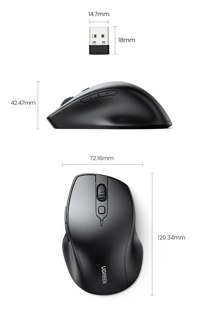 UGREEN Wireless Mouse Bluetooth 5.0 Ergonomic Mouse, 4000 DPI Silent Wireless Mouse with 2.4G USB Receiver, 6 Buttons for MacBook, Laptop, PC & Tablet