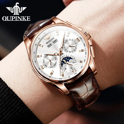 OUPINKE 3189 Classic Men's Watch Leather Strap Waterproof Moon phase Top Brand Automatic Mechanical Men's Wristwatch