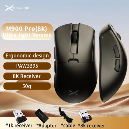 Delux M900PRO Ultra-Light Wireless Gaming Mouse, PAW3395 26K DPI, 1K/8K Polling Rate, Ergonomic Gaming Mouse for Large Hands, 50g PC Gaming Mouse