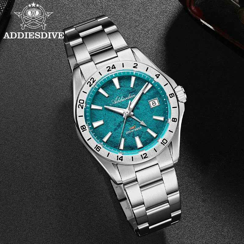 ADDIESDIVE GMT Men Quartz Watch Sapphire Crystal Swiss Ronda 515-24H Dual Time BGW9 Super Luminous 20Bar Waterproof Diver Watch