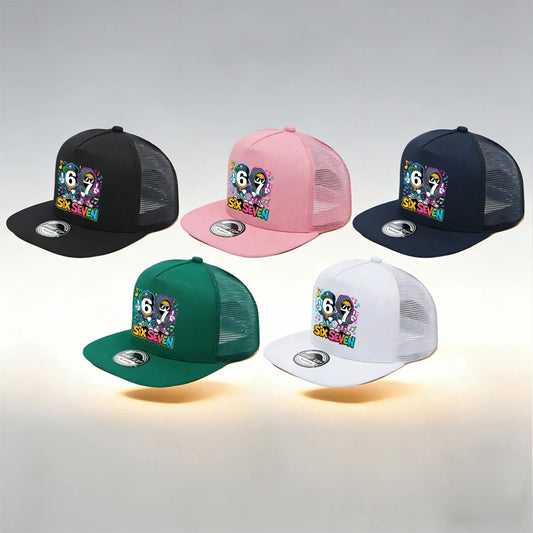 1/2PC Y2KSixSeven flat top truck driver hat, hip-hop cartoon print, breathable mesh, streetwear aesthetic hat