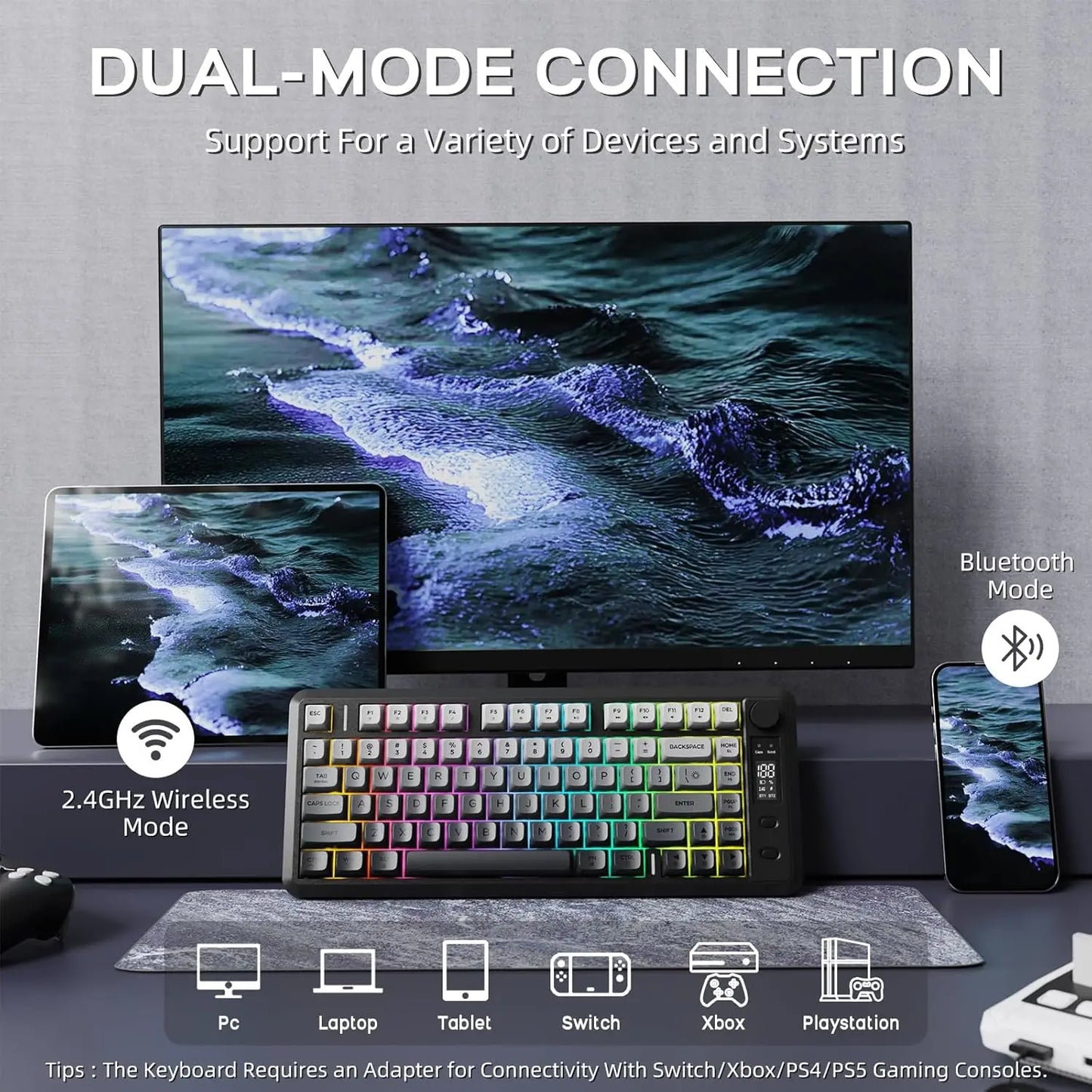 ATTACK SHARK M75 Wireless Membrane Gaming Keyboard with OLED Display, Bluetooth & 2.4GHz Tri-Mode, RGB Backlit PBT Keycaps, Multifunction Knob
