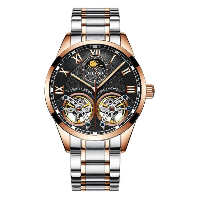 AILANG Double Tourbillon Design Business Men Mechanical Watch Fashion Leather Moon Phase Automatic Watches for Mens Reloj Hombre