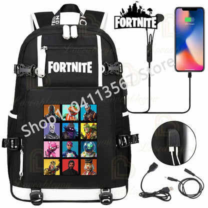 Mochila Red Jade F-Fortnited Battle Royale com carregamento USB, figuras anime e compartimento para material escolar para estudantes
