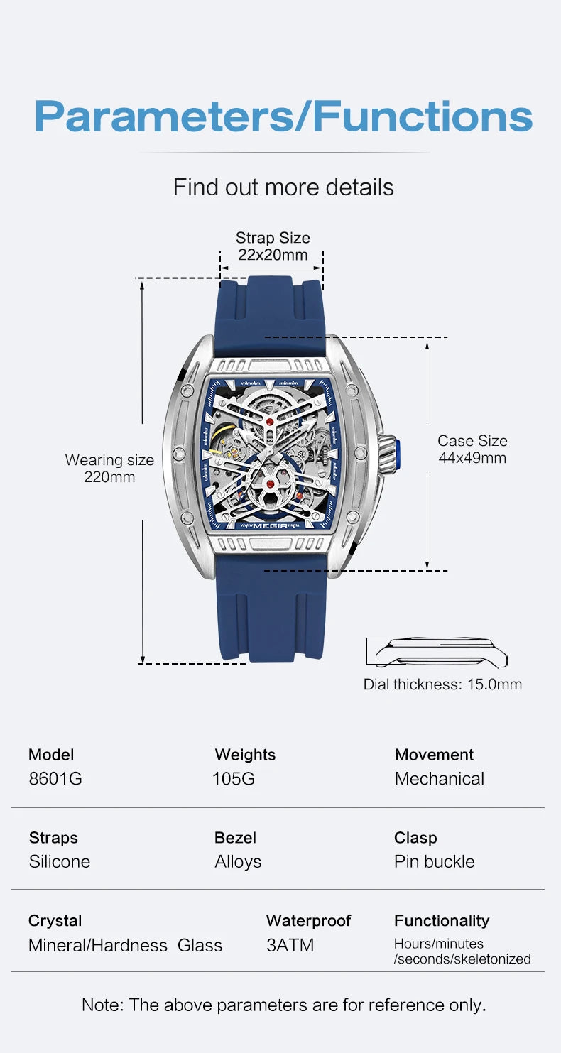 2026 Men's Automatic Mechanical Watch with Stainless Steel Case Silicone Band Skeleton Dial Waterproof Sport Wristwatch