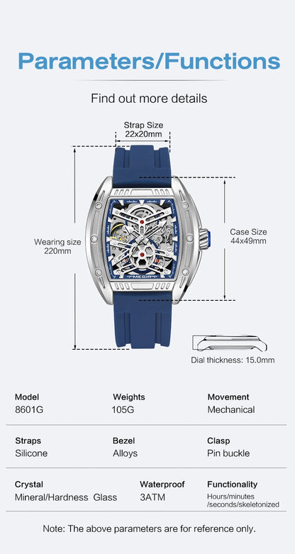 2026 Men's Automatic Mechanical Watch with Stainless Steel Case Silicone Band Skeleton Dial Waterproof Sport Wristwatch
