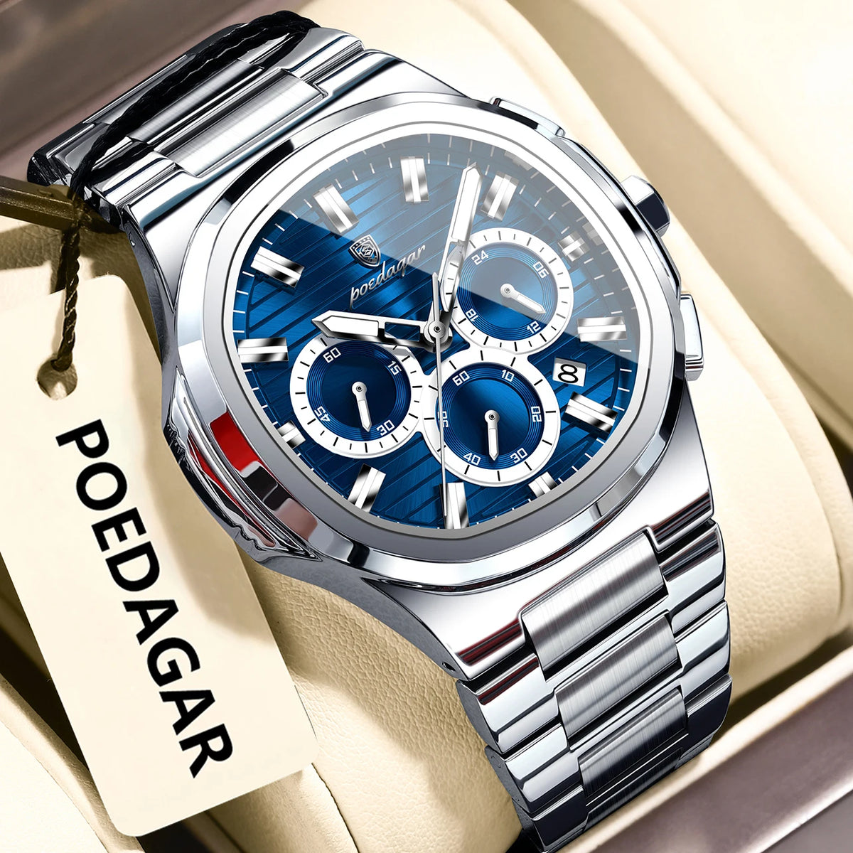 Montre-bracelet homme d'affaires POEDAGAR, chronographe avec date, étanche et lumineuse, de luxe, en acier inoxydable et à quartz.