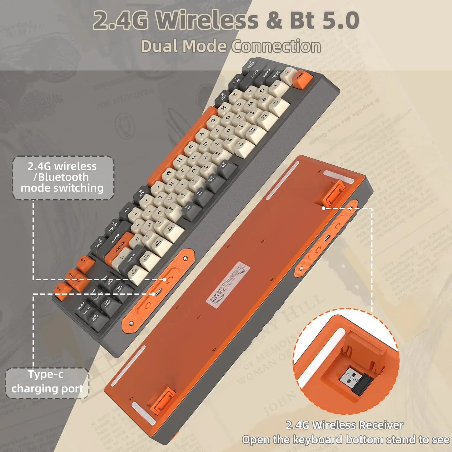 Attack Shark M87 Wireless Gaming Keyboard, 87-Key TKL Bluetooth 5.0 & 2.4GHz Wireless Gaming Keyboard with Rainbow LED Backlit, Quiet Membrane Keys for PC, Laptop & Tablet