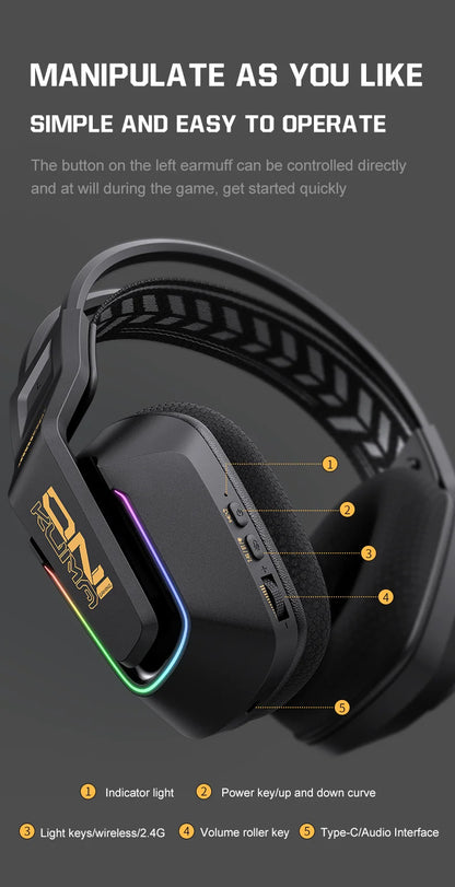 ONIKUMA GT828 Wireless Gaming Headset Bluetooth 5.3 RGB Headphones with Mic, Noise Cancelling, 4-Mode Connection for PC, PS5 & Laptop
