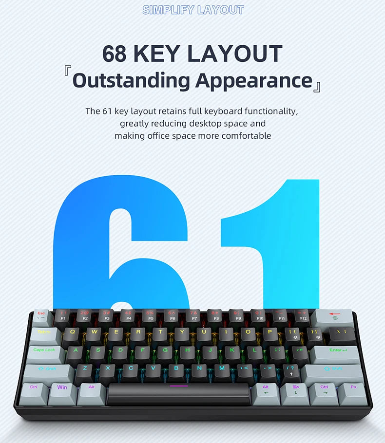APAYADO K61 Mini Mechanical Keyboard 61-Key Wired Gaming Keyboard with Hot-Swappable Red/Blue Switches, RGB Backlit 60% Compact Mechanical Keyboard