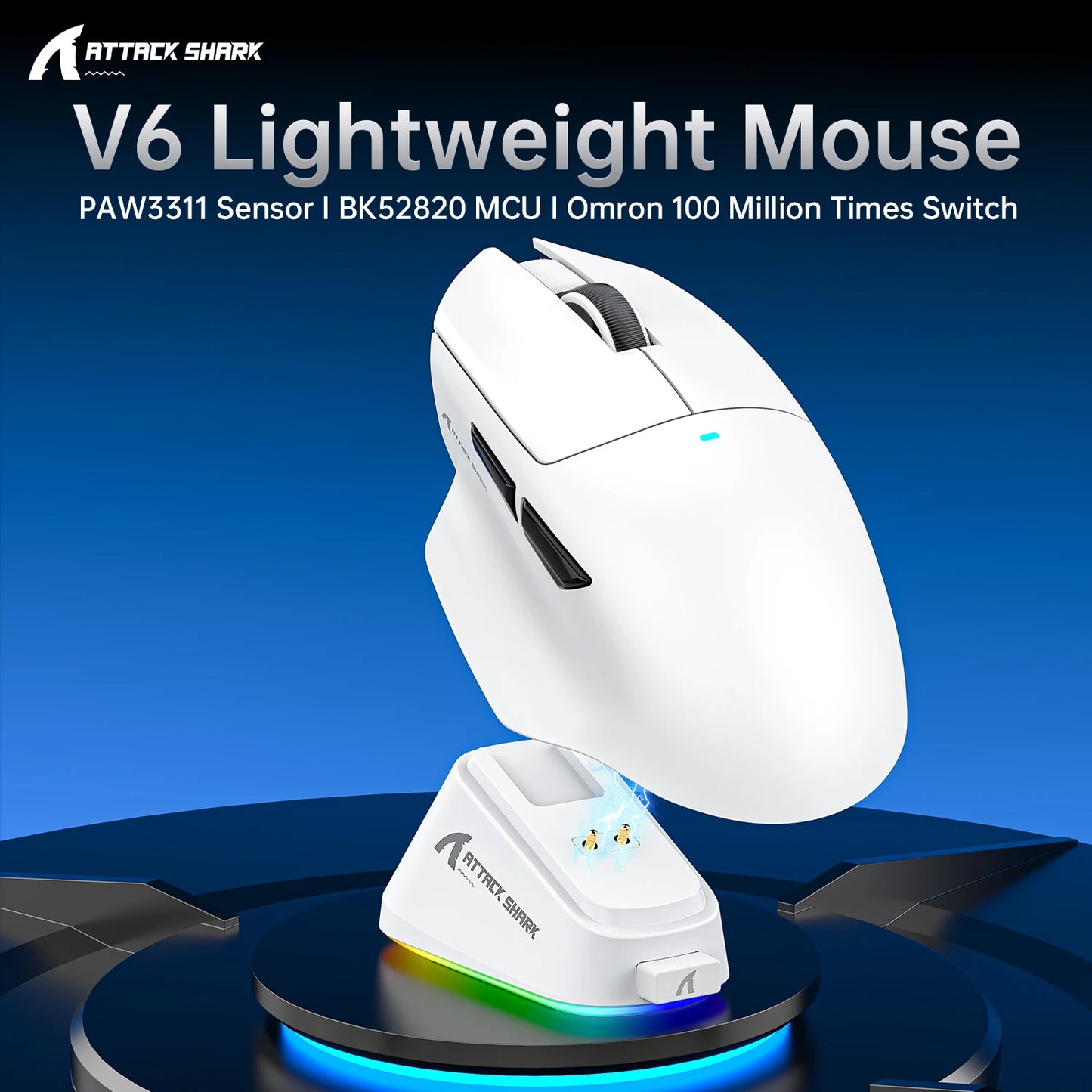 ATTACK SHARK V6 Wireless Gaming Mouse, Superlight RGB Gaming Mouse with Magnetic Charging Dock, PAW3311 Sensor, Tri-Mode Bluetooth Gaming Mouse
