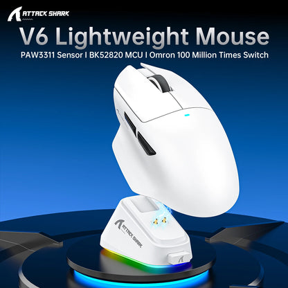 ATTACK SHARK V6 Wireless Gaming Mouse, Superlight RGB Gaming Mouse with Magnetic Charging Dock, PAW3311 Sensor, Tri-Mode Bluetooth Gaming Mouse