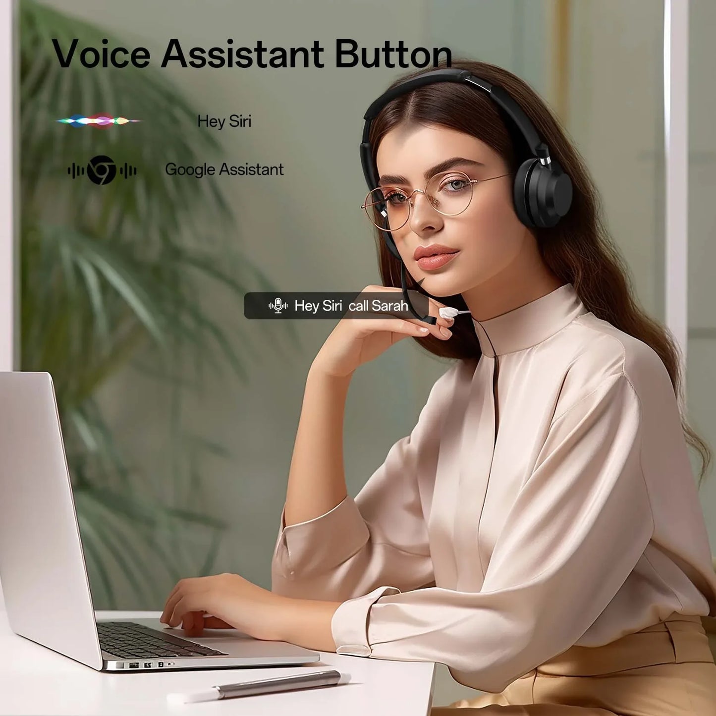 Rownfusny Wireless Headset with Mic for Work Bluetooth Over Ear Headphones USB Dongle for Computer/Remote Work/Call Center