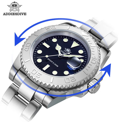 ADDIESDIVE Men's Quartz Watch 200m Waterproof Ceramic Bezel Steel Watch Magnifying Mirror Glass BGW9 Blue Luminous Diving Watch