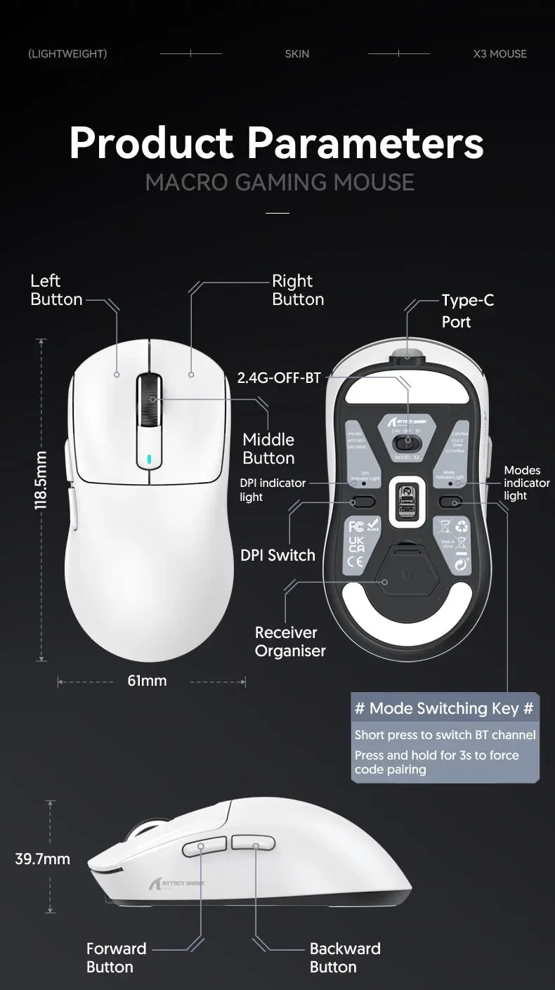 ATTACK SHARK X3 Ultra-Light Wireless Gaming Mouse, Tri-Mode Bluetooth & 2.4G, PAW3395 26000 DPI, 55g Rechargeable Gaming Mouse for PC, Mac, PS & Xbox
