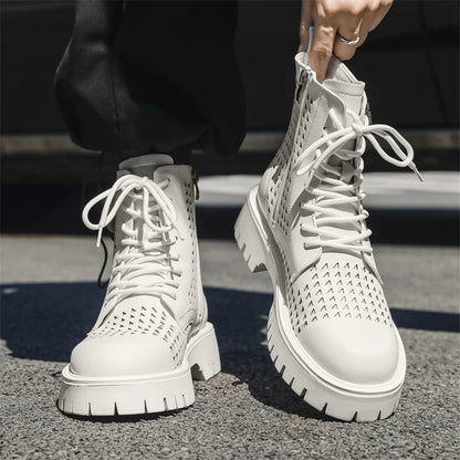 Non-Slip Men's High Top Casual Leather Shoes Street Style Motorcycle Boots New Stylish Ankle Boots Thick Bottom Walking Footwear