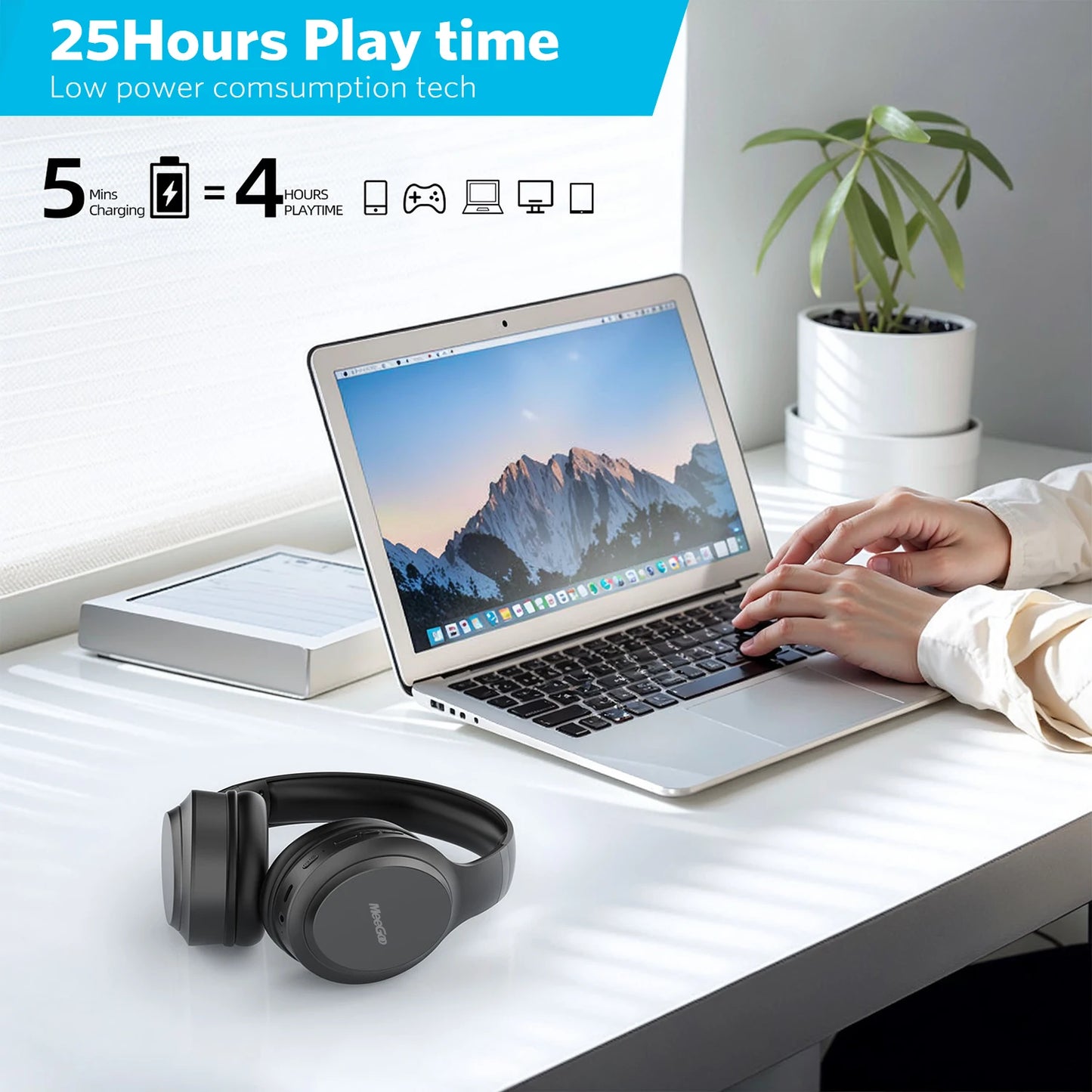 MeeGoo Bluetooth 5.4 Wireless Headphones Foldable Stereo Headset with Super Bass, ANC Noise Reduction Mic, Waterproof Design for Laptop PC TV