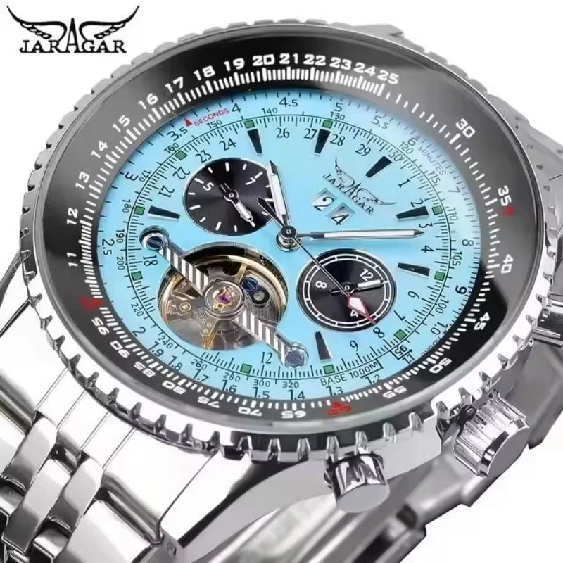 Luksusowy zegarek mechaniczny z automatycznym mechanizmem w stylu retro JARAGAR 034, tourbillon, szkieletowa konstrukcja, stal nierdzewna, kalendarz tygodniowy, zegarek męski