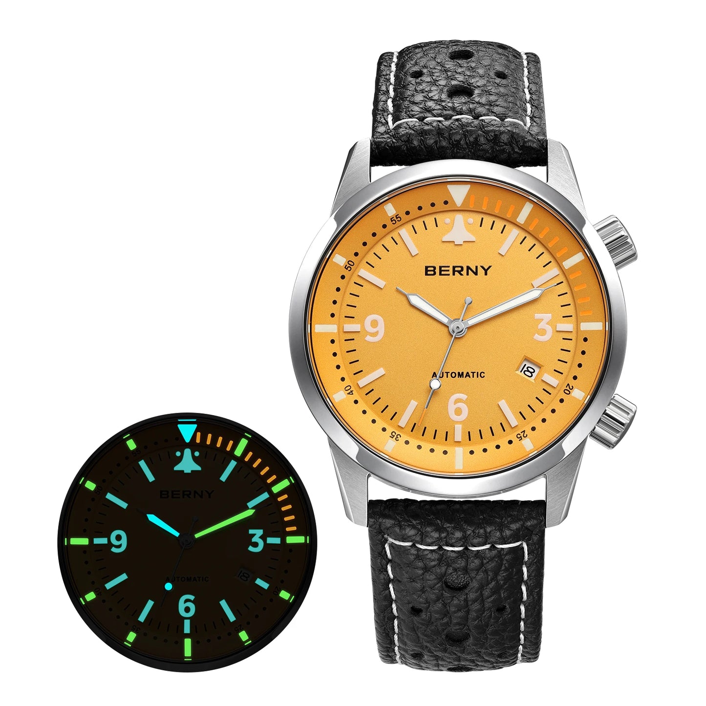 BERNY Men's Automatic Diver Watch Supper Luminous Sapphire AR Coated MlYOTA 8215 Leather Strap Mechanical Diving Watches for Men