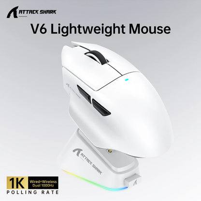 ATTACK SHARK V6 Wireless Gaming Mouse, Superlight RGB Gaming Mouse with Magnetic Charging Dock, PAW3311 Sensor, Tri-Mode Bluetooth Gaming Mouse