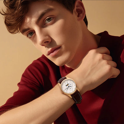 BERNY Men Watch Date Weeks Moon Phase Quartz Watches for Men Stainless Steel Leather Strap Business Wristwatch Male Clock