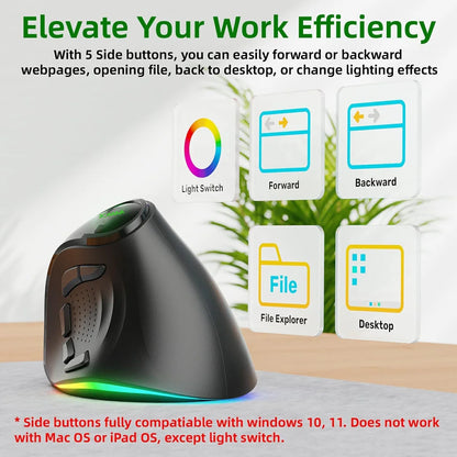 JOMAA RGB Rechargeable Wireless Ergonomic Mouse, Bluetooth & 2.4G Vertical Wireless Mouse with 5 Side Buttons, 8400 DPI for PC, Laptop & Mac
