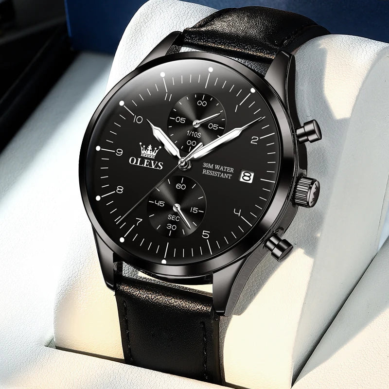 Zegarek męski OLEVS 2880 – elegancki i minimalistyczny chronograf, skórzany pasek, automatyczne wyświetlanie daty, wodoodporny, luminescencyjne wskazówki, mechanizm kwarcowy.