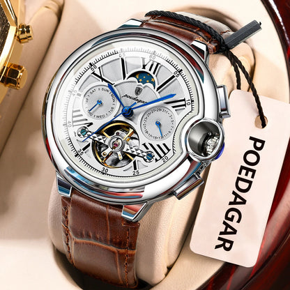 POEDAGAR herenhorloge, luxe en professionele stijl, met datum- en dagweergave, tourbillon, roestvrijstalen kast, automatisch mechanisch uurwerk en waterdicht.