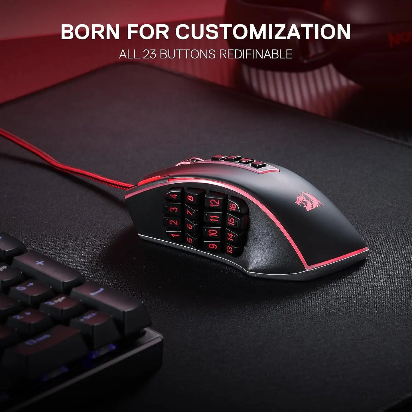 Herná myš Redragon M990 MMO, 32000 DPI, vysoko presná káblová RGB myš pre hráčov s 23 programovateľnými tlačidlami, 16 bočnými makro klávesmi
