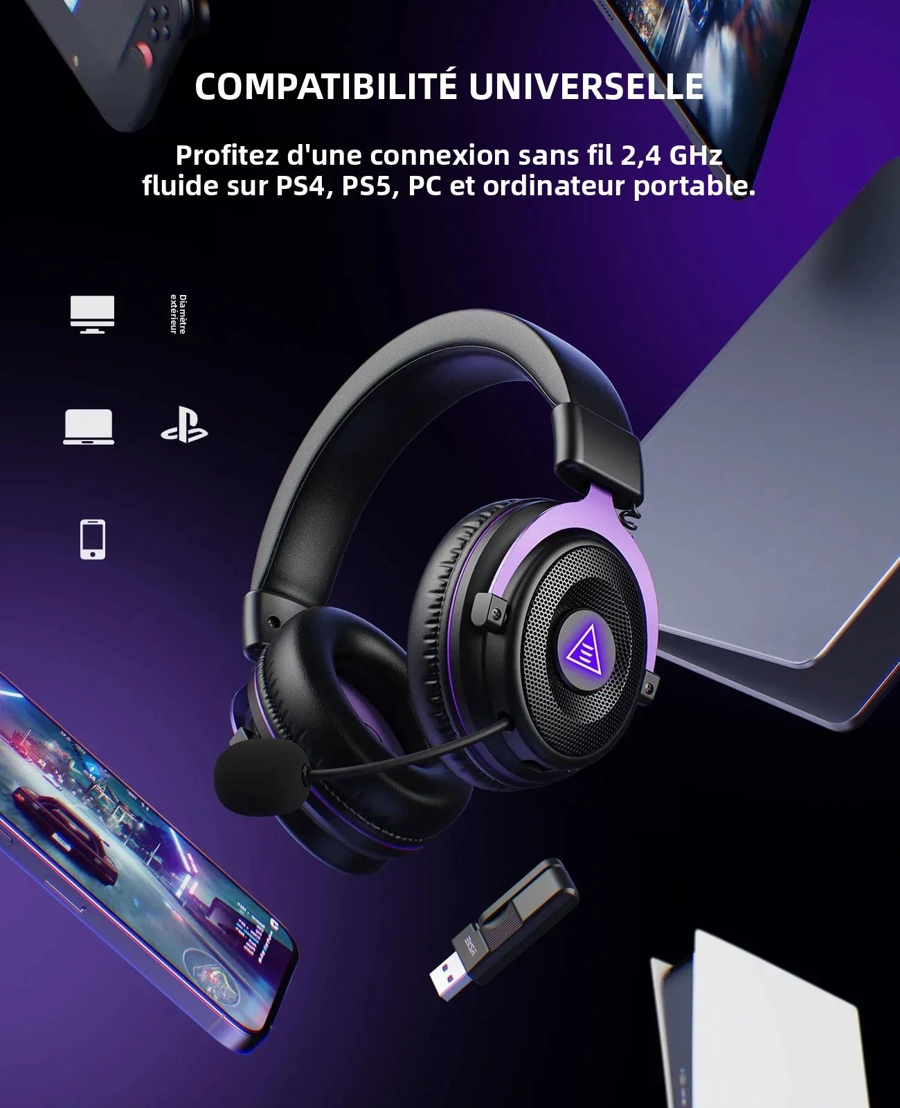 OneOdio EKSA E900 WT Wireless Gaming Headset Tri-Mode Bluetooth 5.3, 2.4GHz RGB Gaming Headset with Noise Cancelling Mic, 80H Battery for PC, PS5, PS4