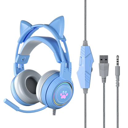 Casque de jeu oreilles de chat rose mignon pour filles enfants-éclairage suppression du bruit micro son Surround prise Jack 3.5mm pour PS4 PS5 PC Switch
