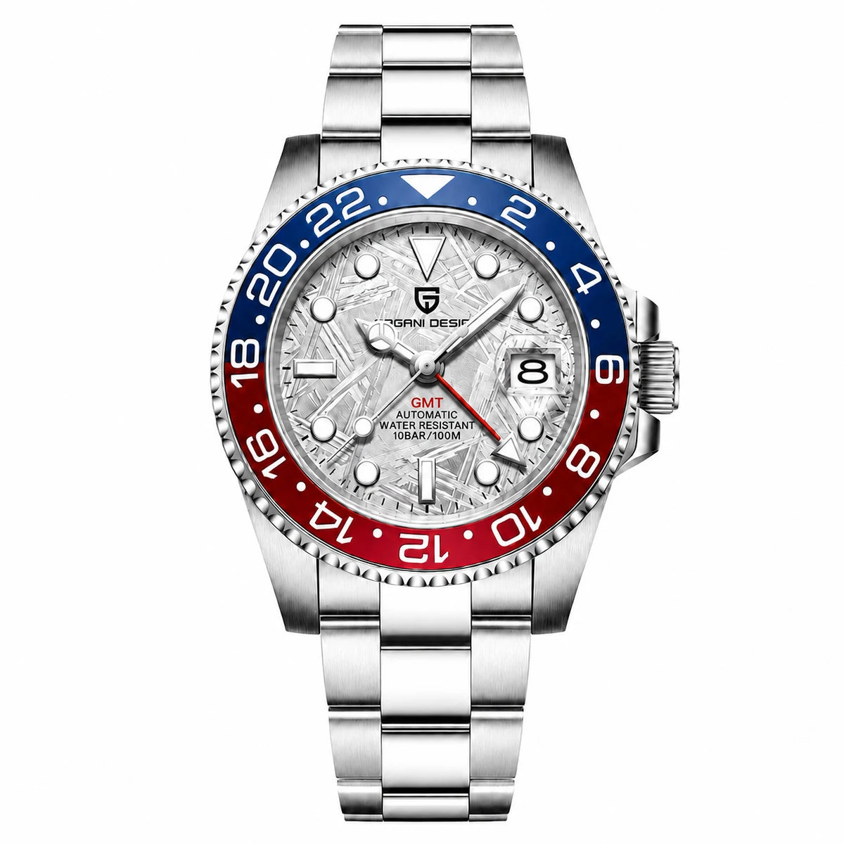 Montre mécanique pour homme PAGANI DESIGN (40 mm) – Cadran violet, fonction GMT, bracelet type Jubilee, verre saphir, étanche, mouvement automatique