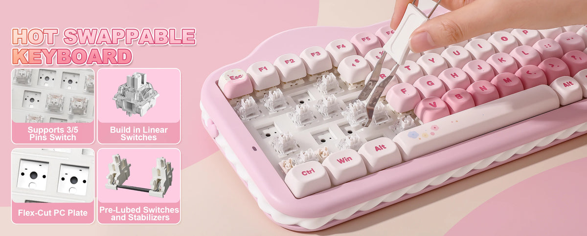 YUNZII C75 Wireless Mechanical Keyboard, 75% Creamy Hot Swap Custom RGB Keyboard, Gasket Cute Cake Design, for Win/Mac/Gaming